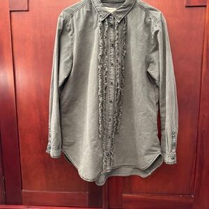 Anthropologie Pilcro Juni Ruffled Grey Denim Buttondown Size Large